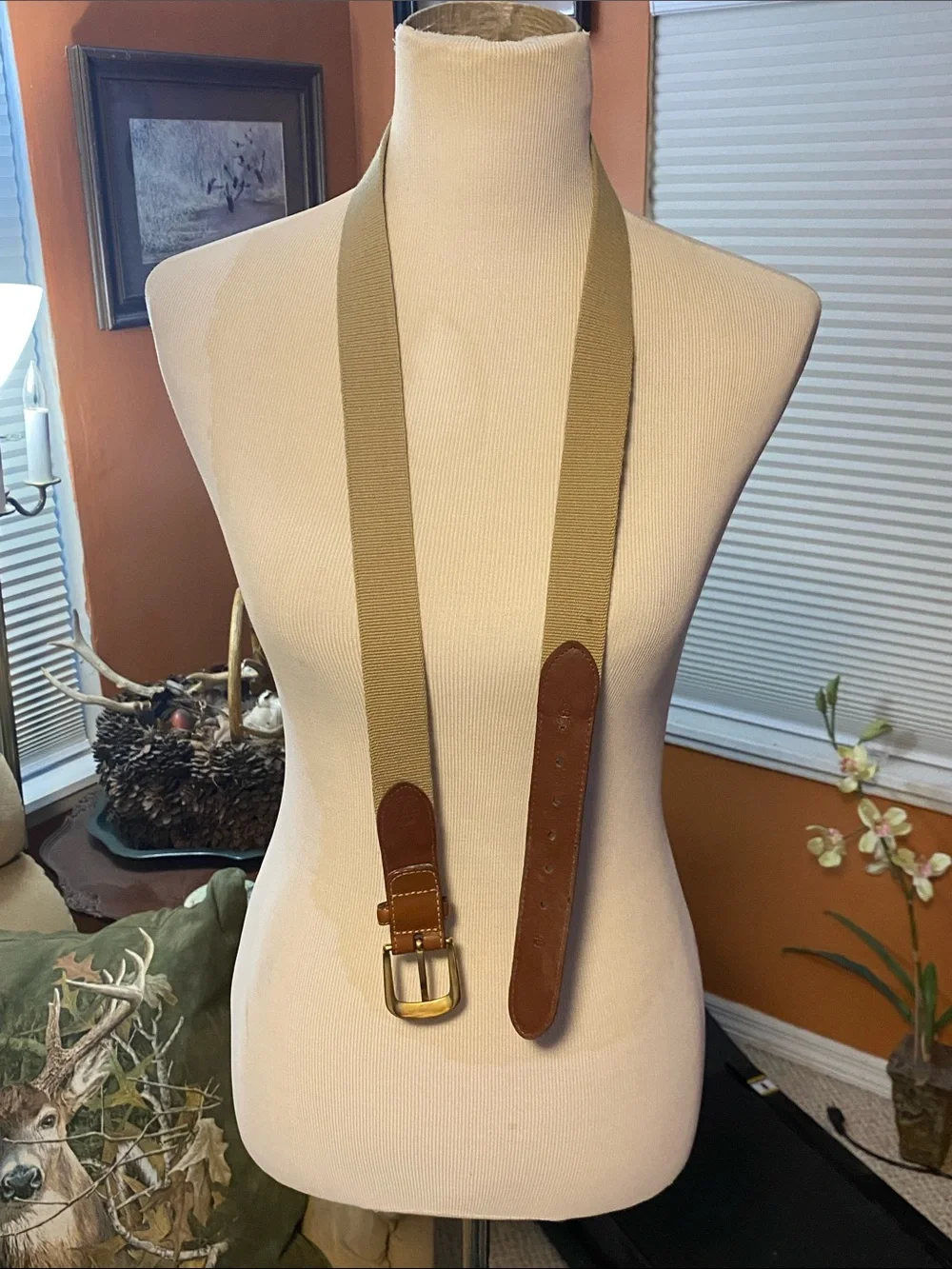 45” Beige Canvas Belt with Brown Leather Trim
